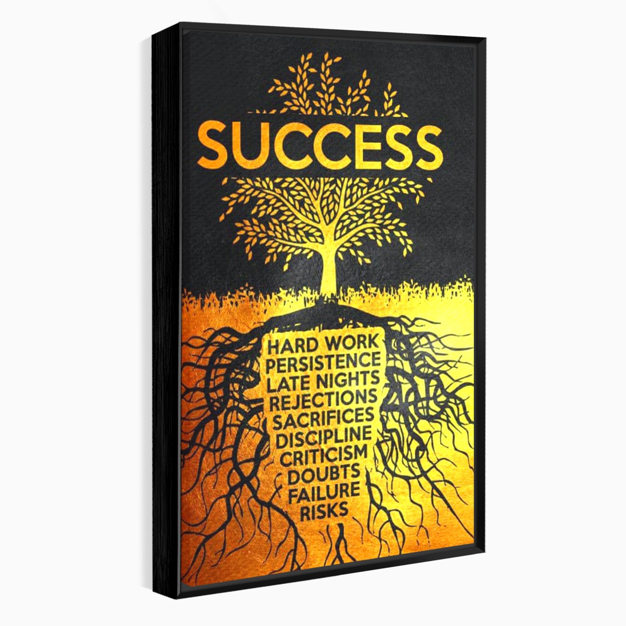 Tablou canvas cu tablou motivational cu arborele succesului, in rama de aluminiu negru
